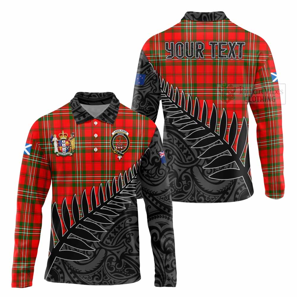 Tartan Vibes Clothing Langlands Crest Tartan Long Sleeve Polo Shirt with New Zealand Silver Fern Half Style