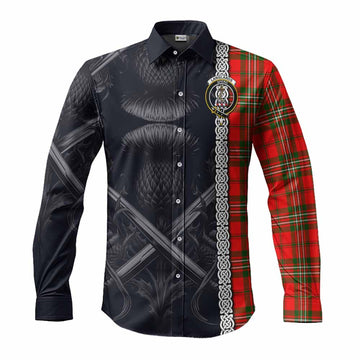 Langlands Tartan Long Sleeve Button Shirt with Family Crest Cross Sword Thistle Celtic Vibes