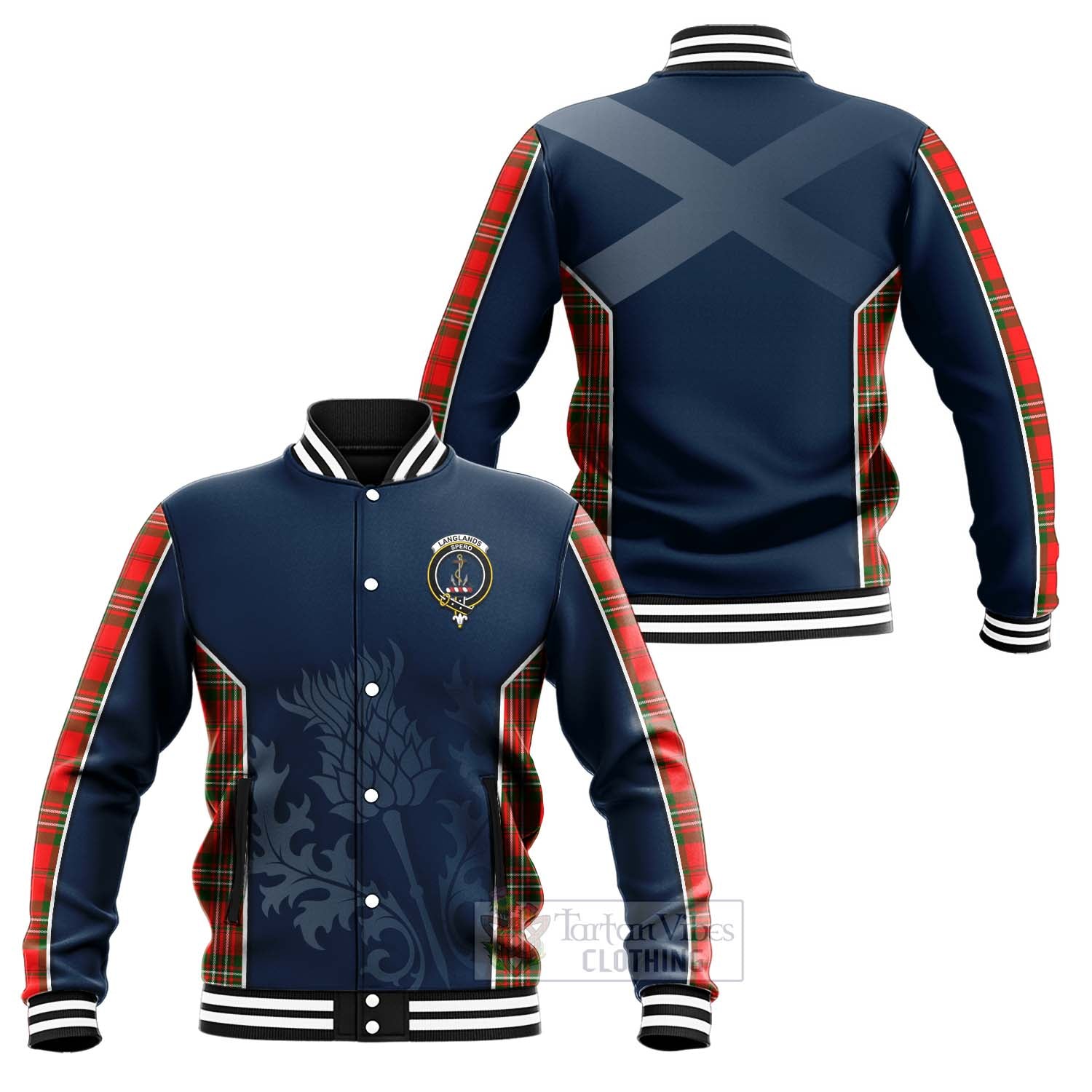 Tartan Vibes Clothing Langlands Tartan Baseball Jacket with Family Crest and Scottish Thistle Vibes Sport Style