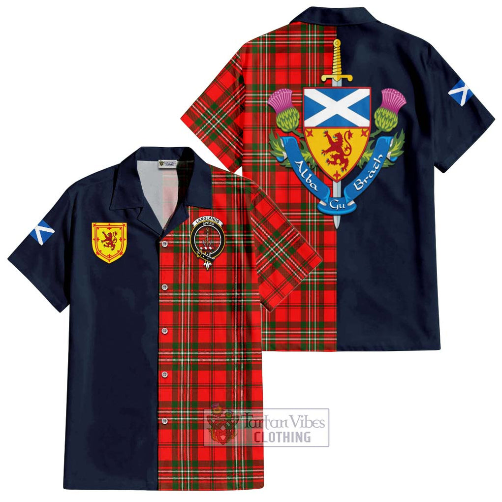 Tartan Vibes Clothing Langlands Tartan Short Sleeve Button Shirt with Scottish Lion Royal Arm Half Style