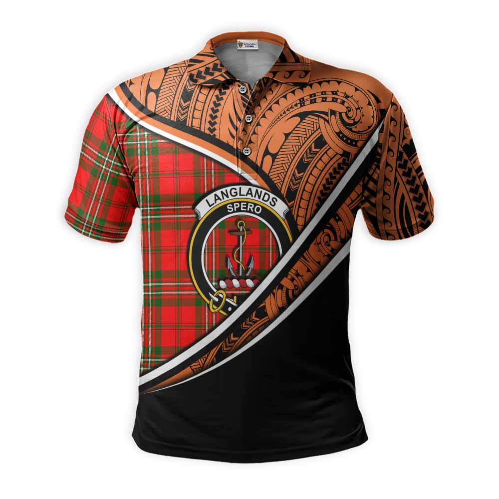 Tartan Vibes Clothing Langlands Crest Tartan Polo Shirt with Maori Tattoo Style - Orange Version