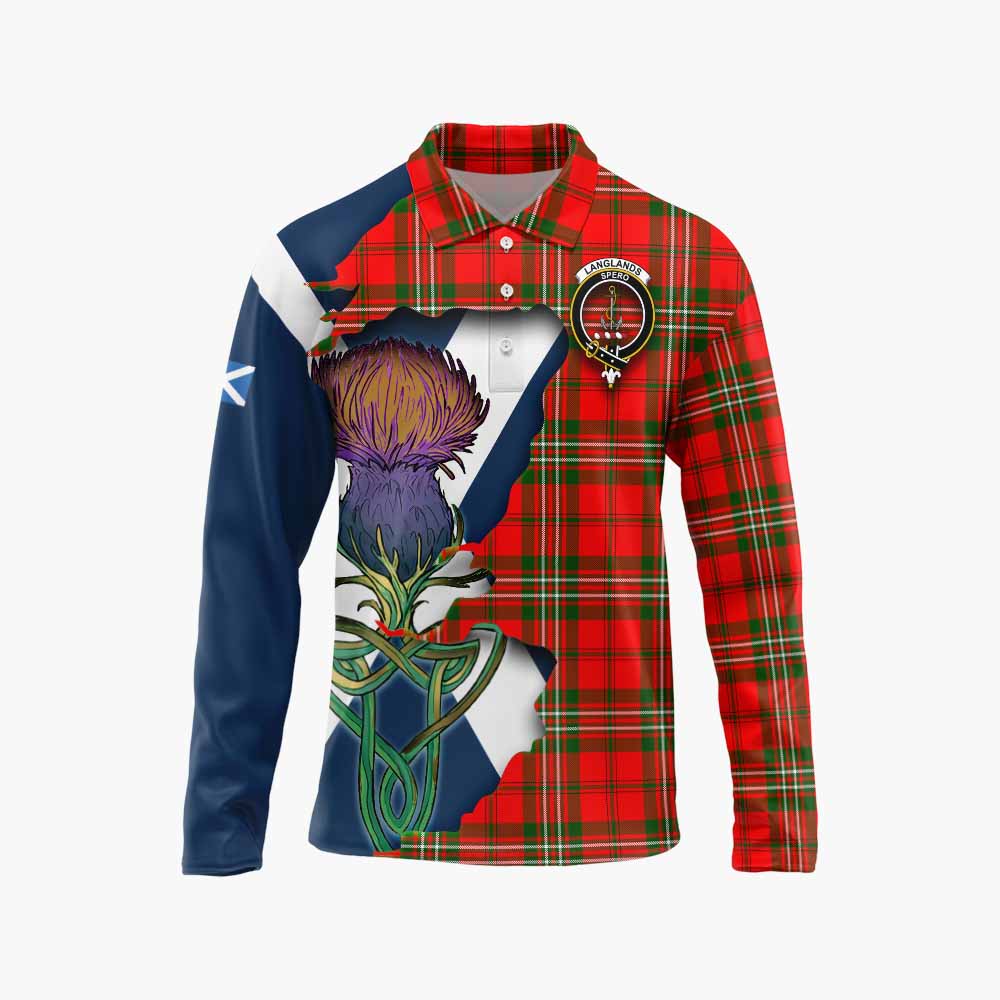 Langlands Tartan Family Crest Long Sleeve Polo Shirt Scottish Thistle Celtic Inspired Unisex - Tartan Vibes Clothing