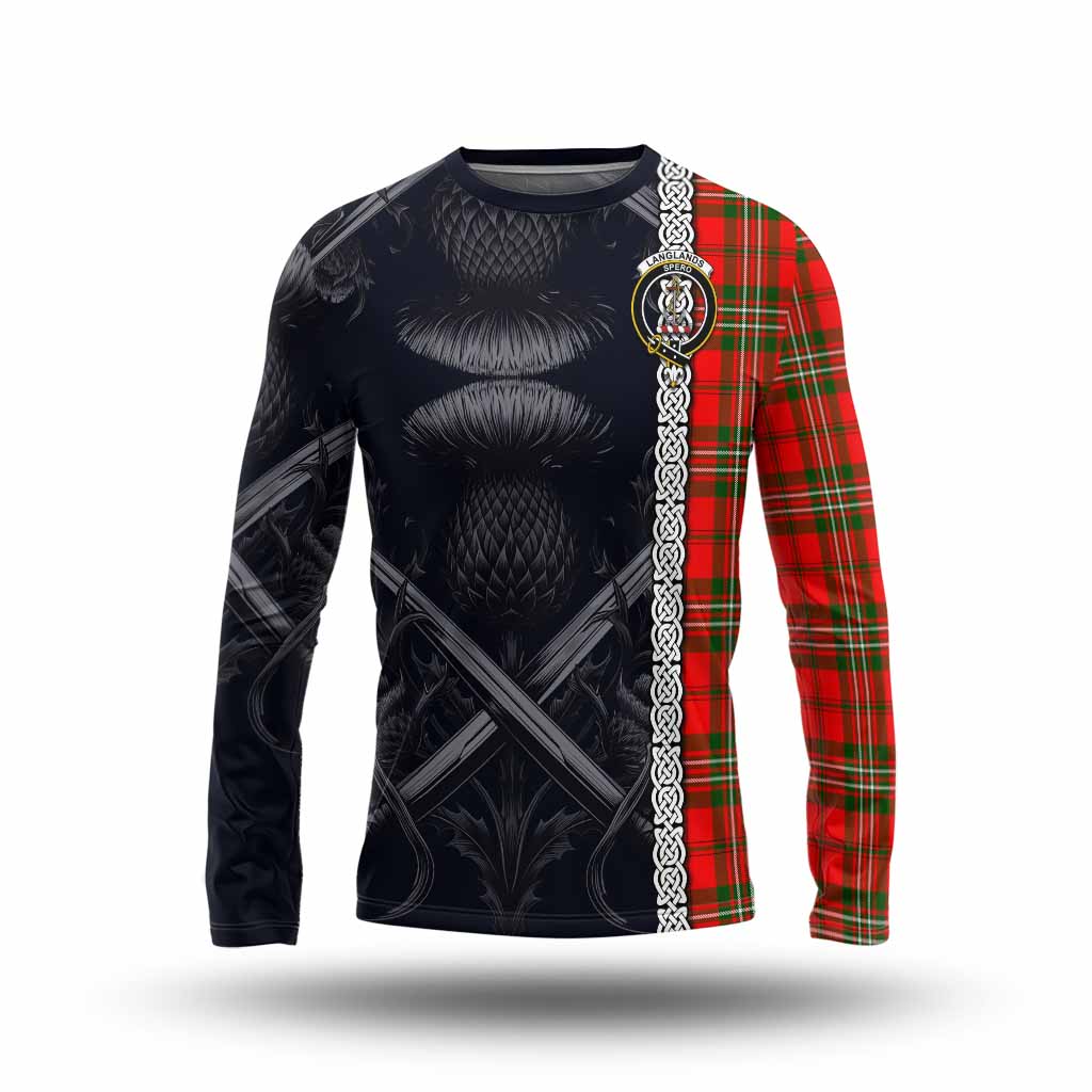 Tartan Vibes Clothing Langlands Tartan Long Sleeve T-Shirt with Family Crest Cross Sword Thistle Celtic Vibes