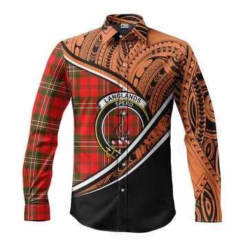 Langlands Crest Tartan Long Sleeve Button Shirt with Polynesian Vibes Style - Orange Version