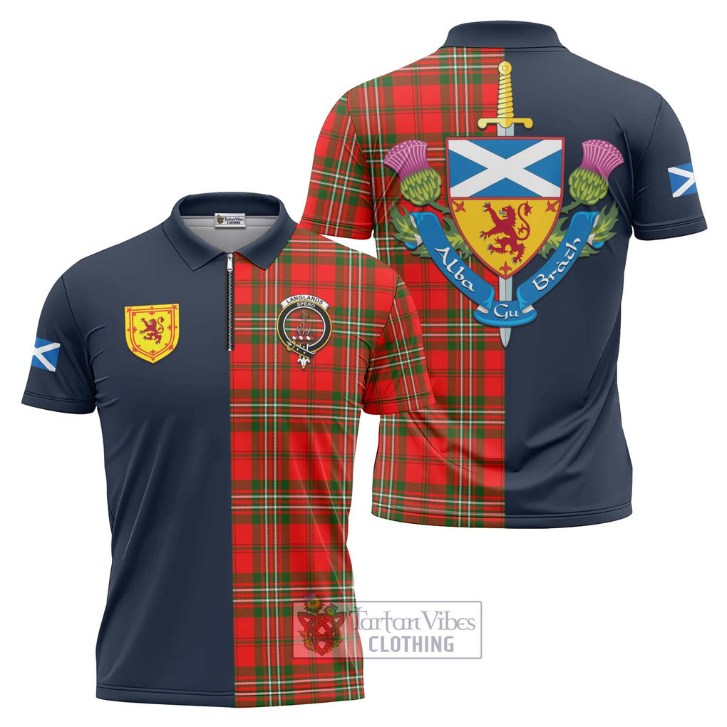 Tartan Vibes Clothing Langlands Tartan Zipper Polo Shirt with Scottish Lion Royal Arm Half Style