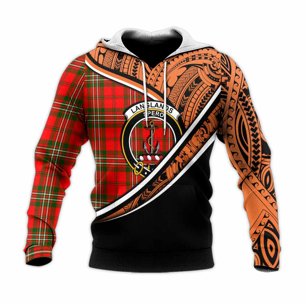 Tartan Vibes Clothing Langlands Crest Tartan Knitted Hoodie with Maori Tattoo Style - Orange Version