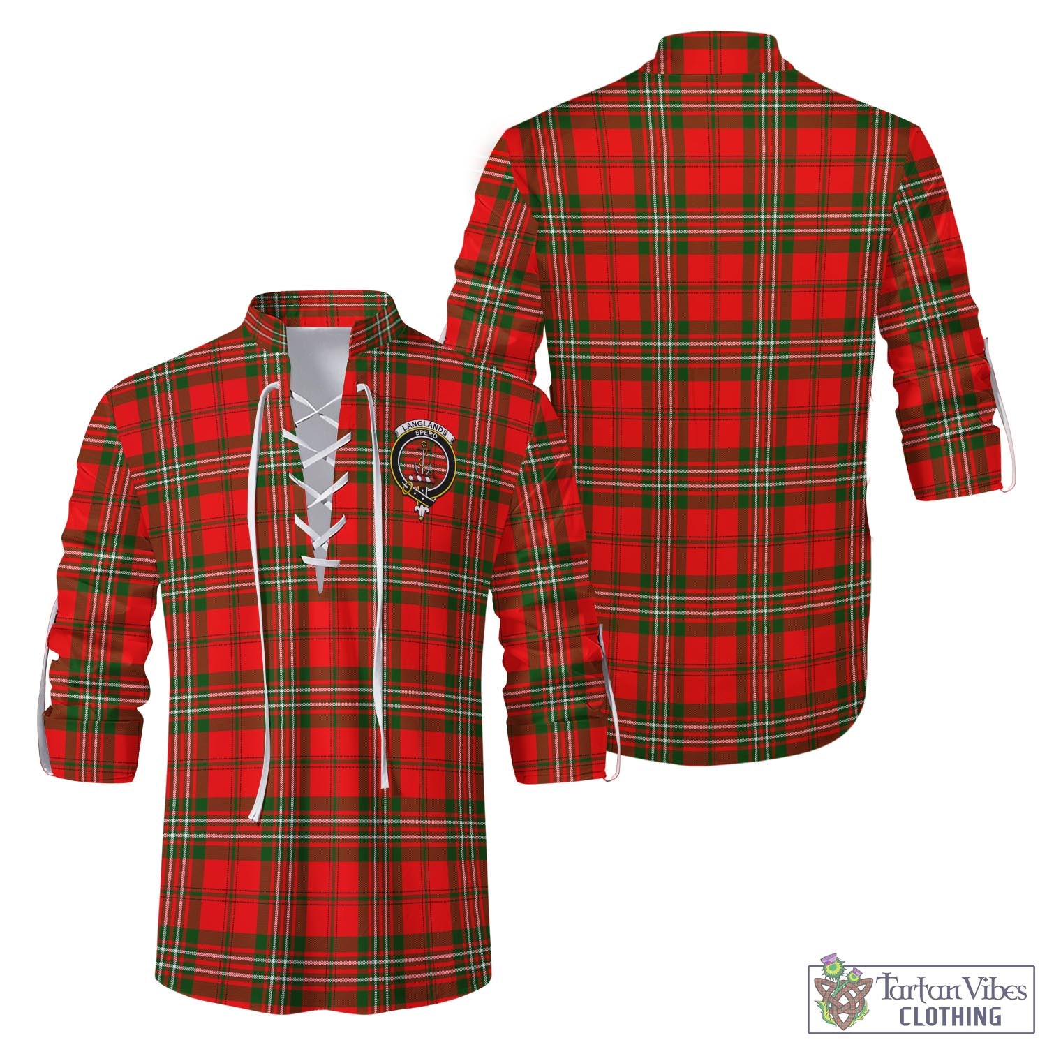 Tartan Vibes Clothing Langlands Tartan Men's Scottish Traditional Jacobite Ghillie Kilt Shirt with Family Crest