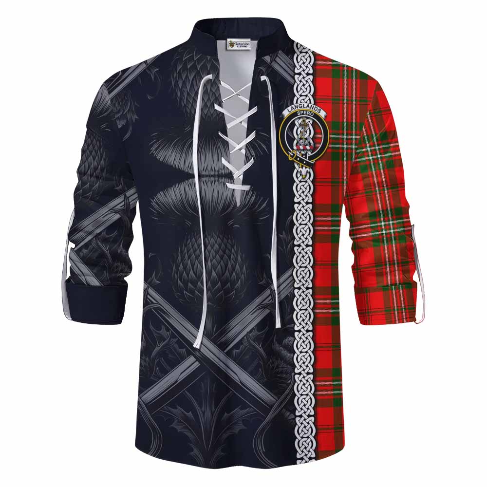 Tartan Vibes Clothing Langlands Tartan Ghillie Kilt Shirt with Family Crest Cross Sword Thistle Celtic Vibes