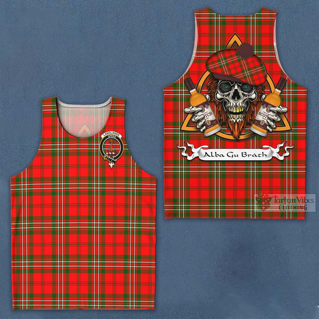 Tartan Vibes Clothing Langlands Tartan Men's Tank Top with Family Crest and Bearded Skull Holding Bottles of Whiskey