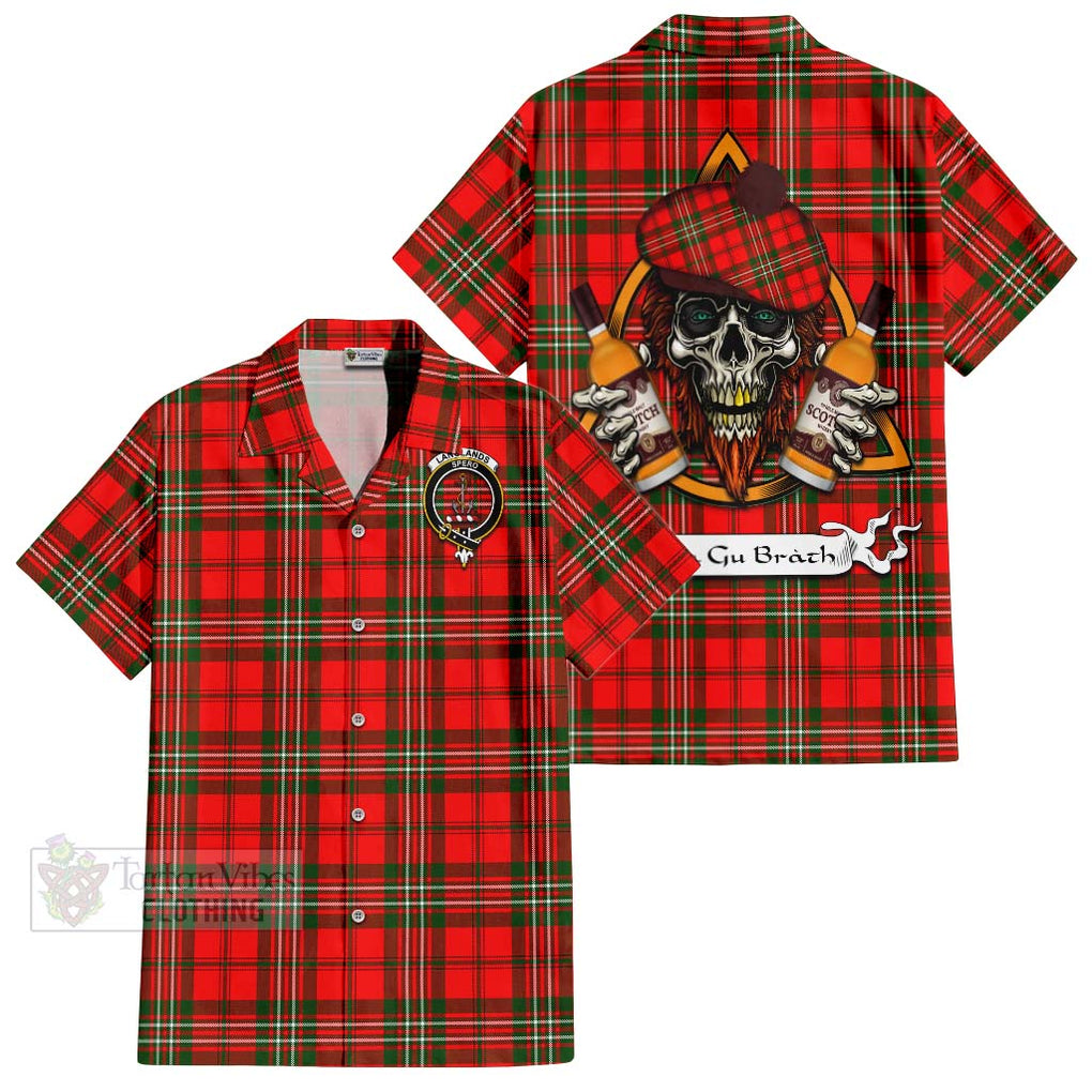 Tartan Vibes Clothing Langlands Tartan Short Sleeve Button Shirt with Family Crest and Bearded Skull Holding Bottles of Whiskey