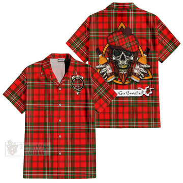 Langlands Tartan Short Sleeve Button Shirt with Family Crest and Bearded Skull Holding Bottles of Whiskey