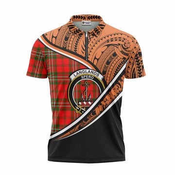 Langlands Crest Tartan Zipper Polo Shirt with Polynesian Vibes Style - Orange Version