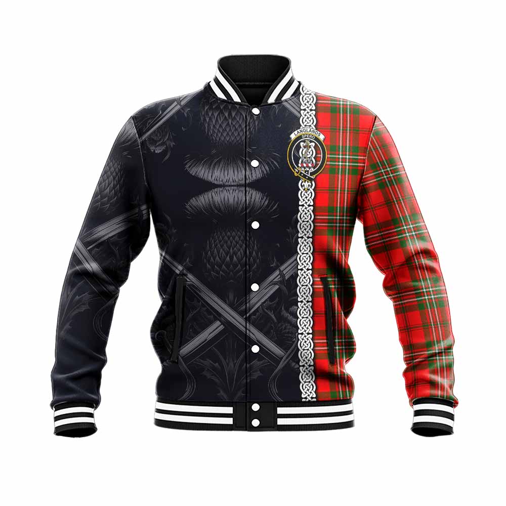 Tartan Vibes Clothing Langlands Tartan Baseball Jacket with Family Crest Cross Sword Thistle Celtic Vibes