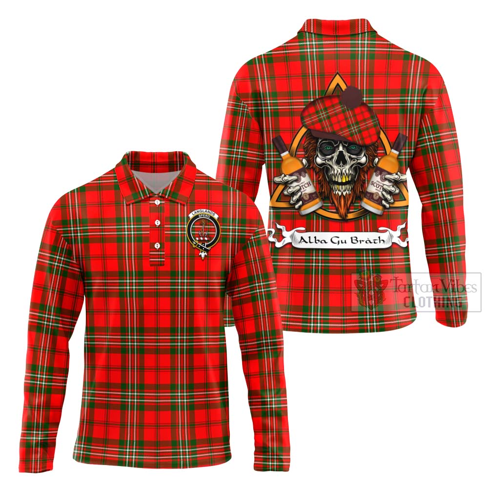 Tartan Vibes Clothing Langlands Tartan Long Sleeve Polo Shirt with Family Crest and Bearded Skull Holding Bottles of Whiskey