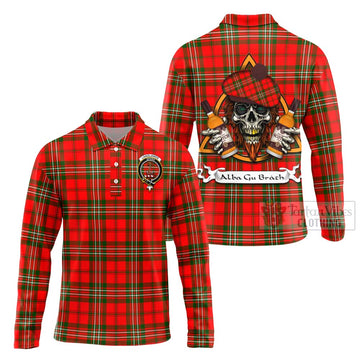 Langlands Tartan Long Sleeve Polo Shirt with Family Crest and Bearded Skull Holding Bottles of Whiskey