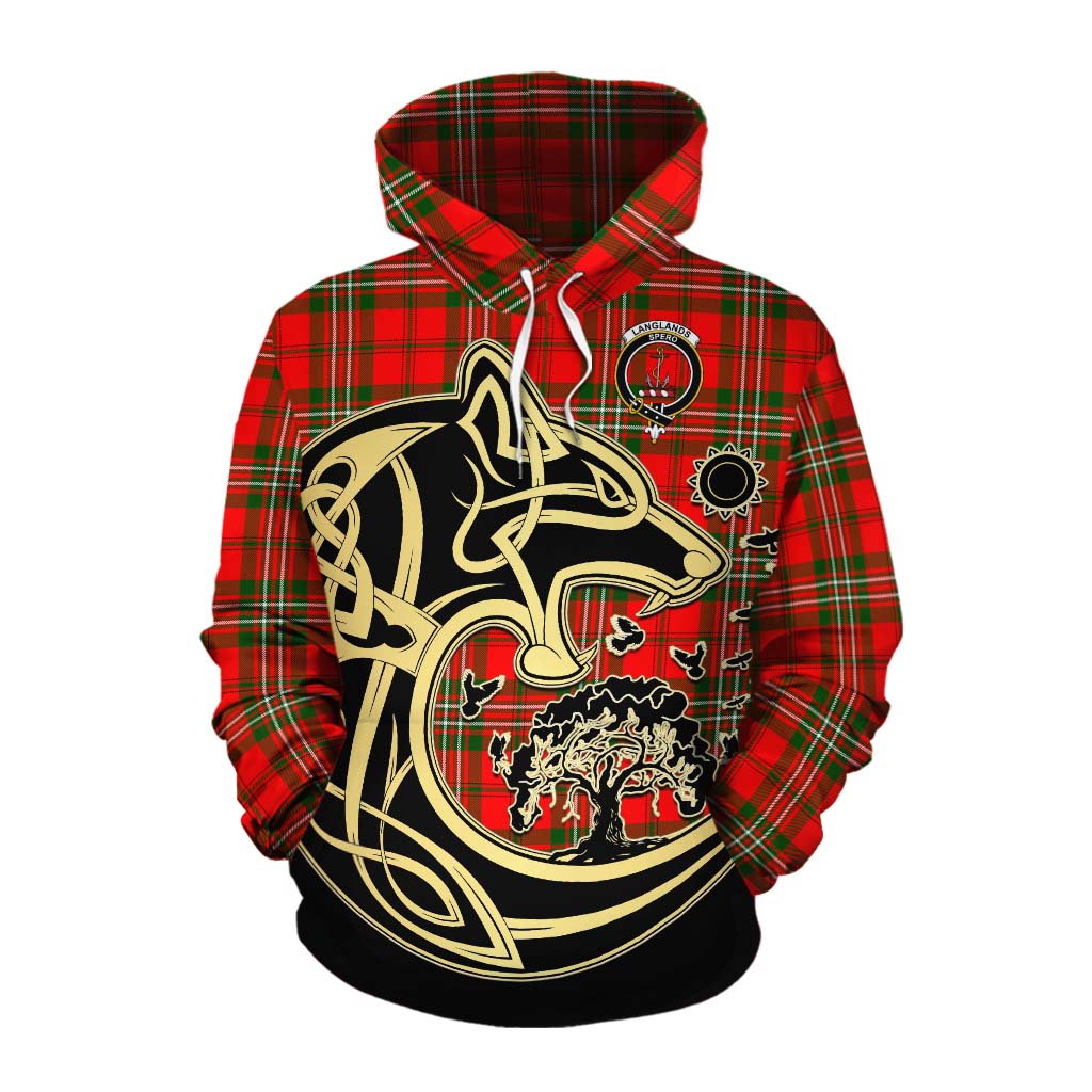 Tartan Vibes Clothing Langlands Tartan Cotton Hoodie with Family Crest Celtic Wolf Style