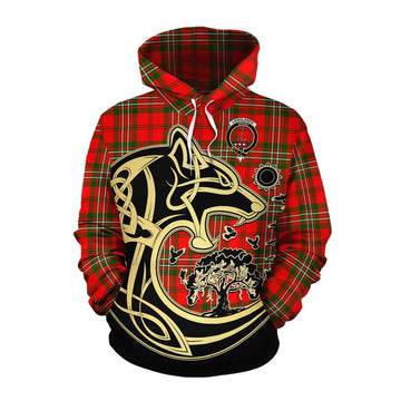 Langlands Tartan Cotton Hoodie with Family Crest Celtic Wolf Style