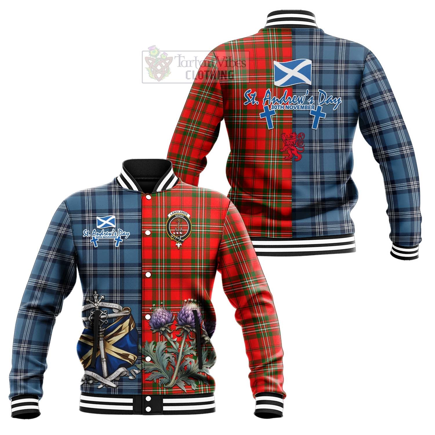 Tartan Vibes Clothing Langlands Tartan Baseball Jacket Happy St. Andrew's Day Half Tartan Style