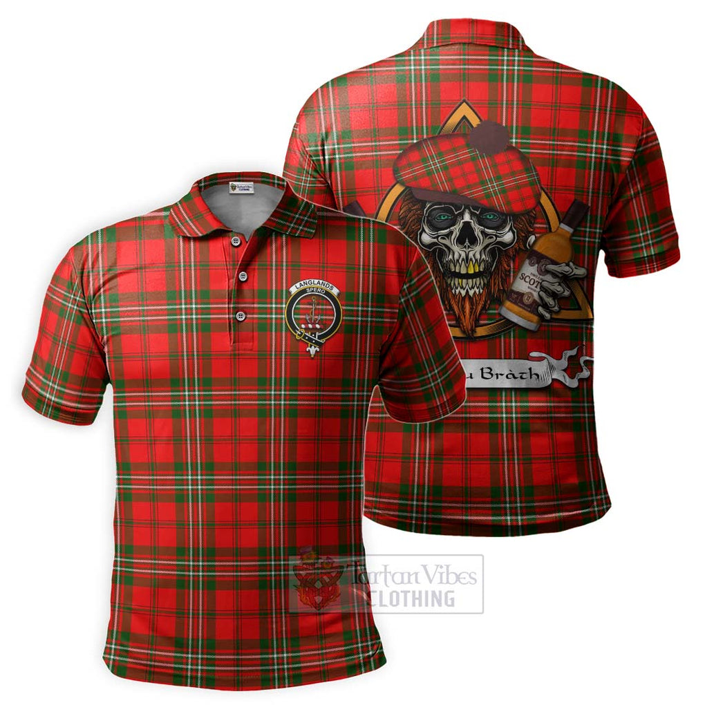 Tartan Vibes Clothing Langlands Tartan Polo Shirt with Family Crest and Bearded Skull Holding Bottles of Whiskey