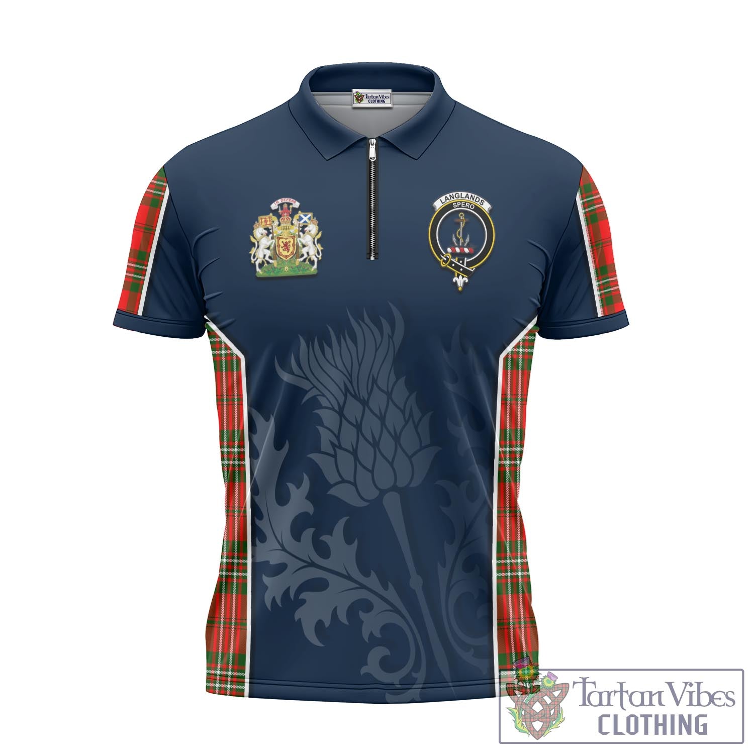 Tartan Vibes Clothing Langlands Tartan Zipper Polo Shirt with Family Crest and Scottish Thistle Vibes Sport Style
