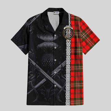 Langlands Tartan Short Sleeve Button Shirt with Family Crest Cross Sword Thistle Celtic Vibes