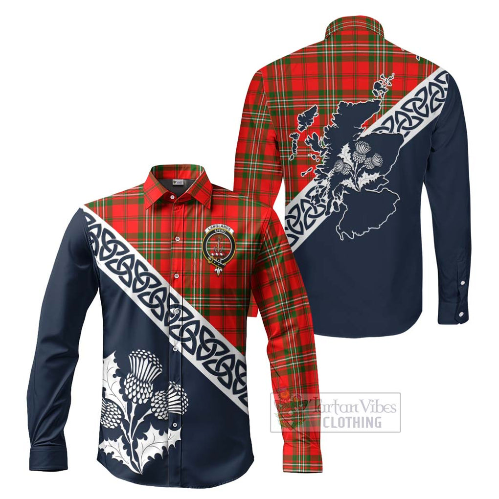 Tartan Vibes Clothing Langlands Tartan Long Sleeve Button Shirt Featuring Thistle and Scotland Map