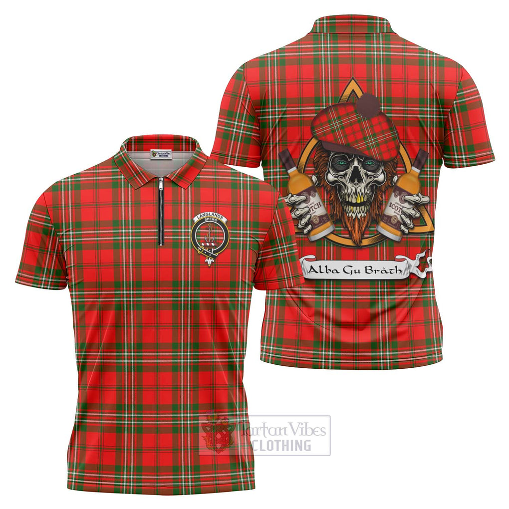 Tartan Vibes Clothing Langlands Tartan Zipper Polo Shirt with Family Crest and Bearded Skull Holding Bottles of Whiskey