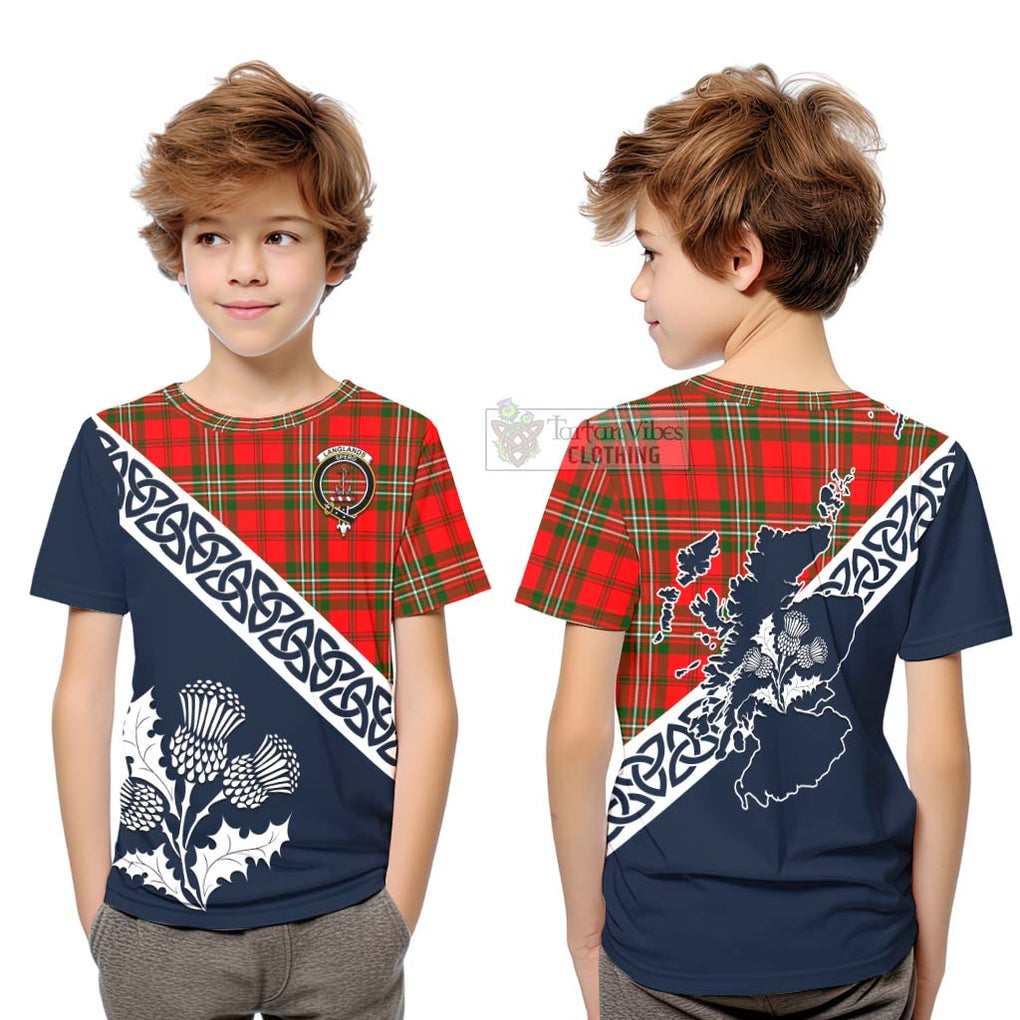 Tartan Vibes Clothing Langlands Tartan Kid T-Shirt Featuring Thistle and Scotland Map