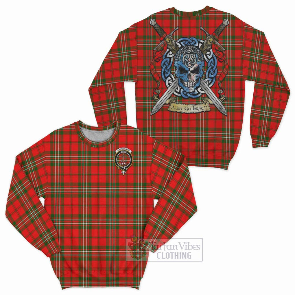 Tartan Vibes Clothing Langlands Tartan Sweatshirt with Family Crest Celtic Skull Style