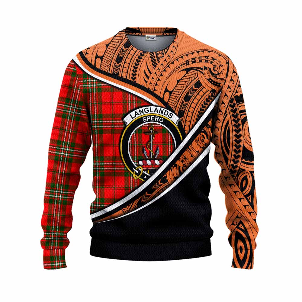 Tartan Vibes Clothing Langlands Crest Tartan Knitted Sweater with Maori Tattoo Style - Orange Version