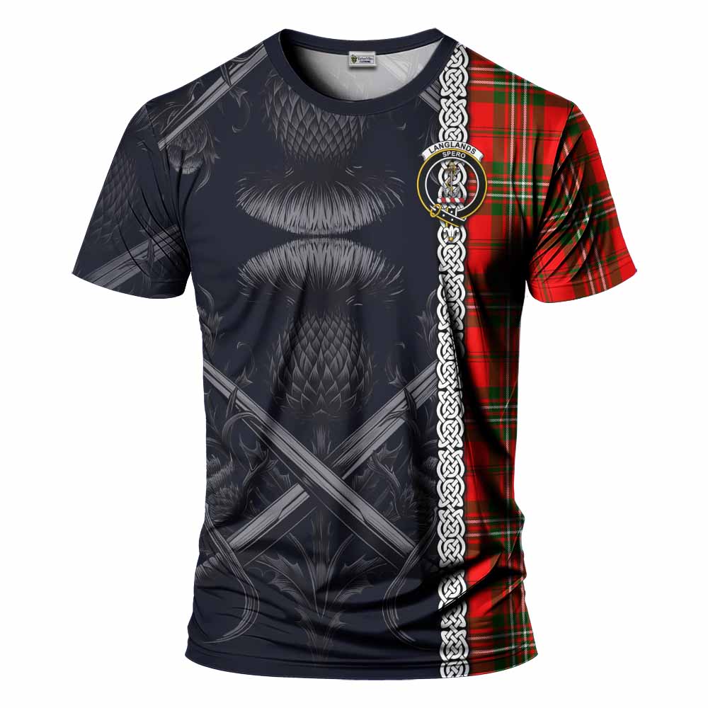 Tartan Vibes Clothing Langlands Tartan T-Shirt with Family Crest Cross Sword Thistle Celtic Vibes