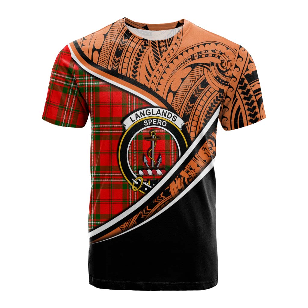 Tartan Vibes Clothing Langlands Crest Tartan Cotton T-shirt with Maori Tattoo Style - Orange Version