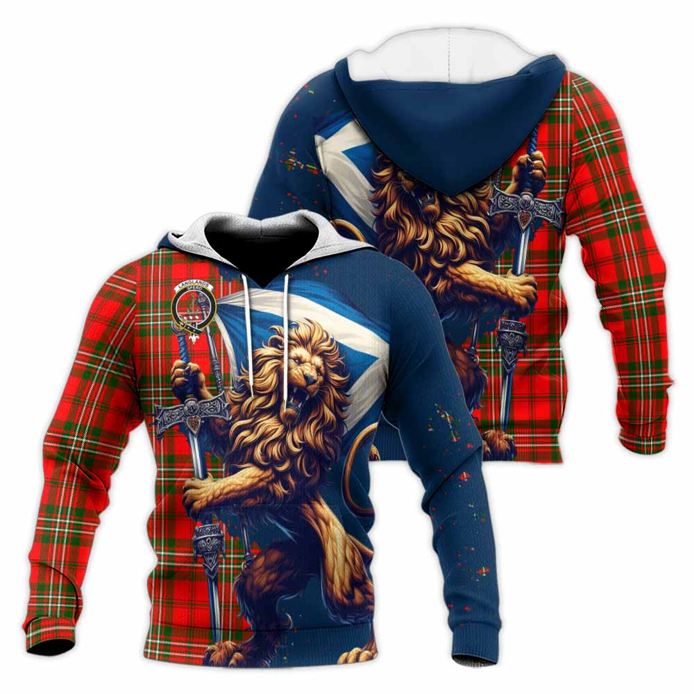 Tartan Vibes Clothing Langlands Tartan Family Crest Knitted Hoodie with Scottish Majestic Lion