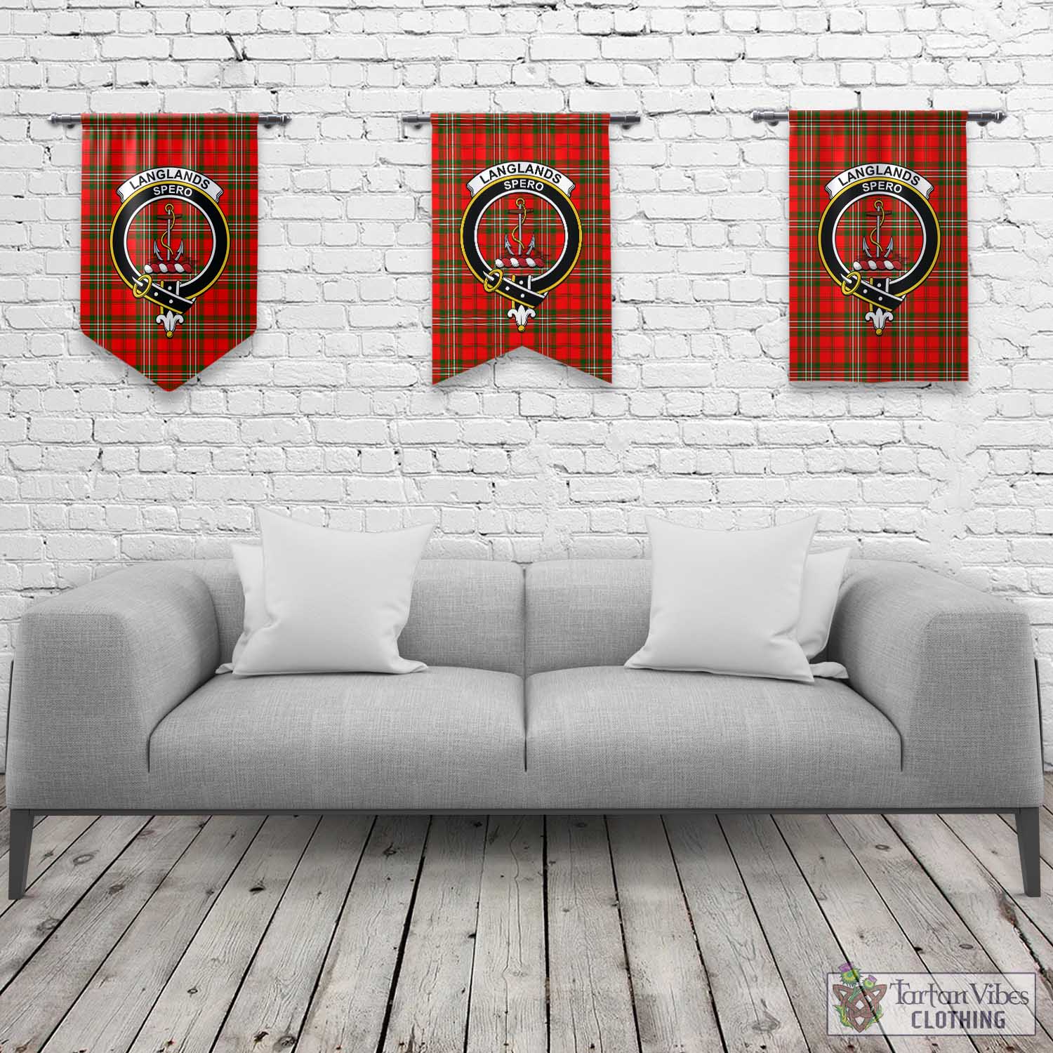 Tartan Vibes Clothing Langlands Tartan Gonfalon, Tartan Banner with Family Crest