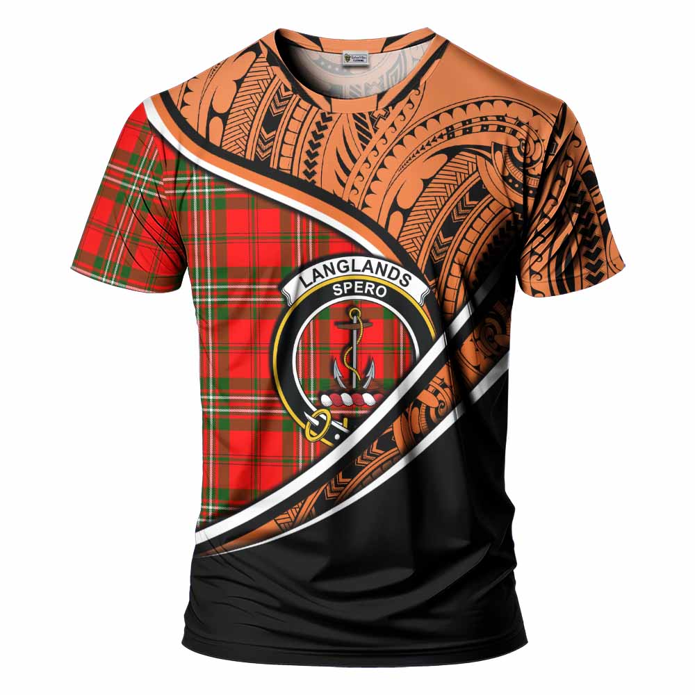 Tartan Vibes Clothing Langlands Crest Tartan T-Shirt with Maori Tattoo Style - Orange Version