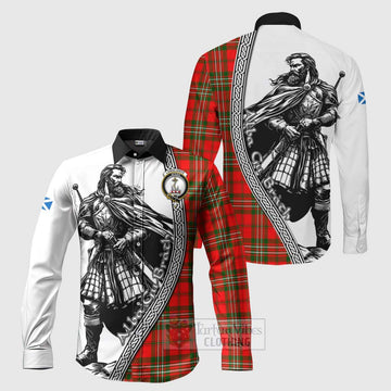 Langlands Tartan Clan Crest Long Sleeve Button Shirt with Highlander Warrior Celtic Style