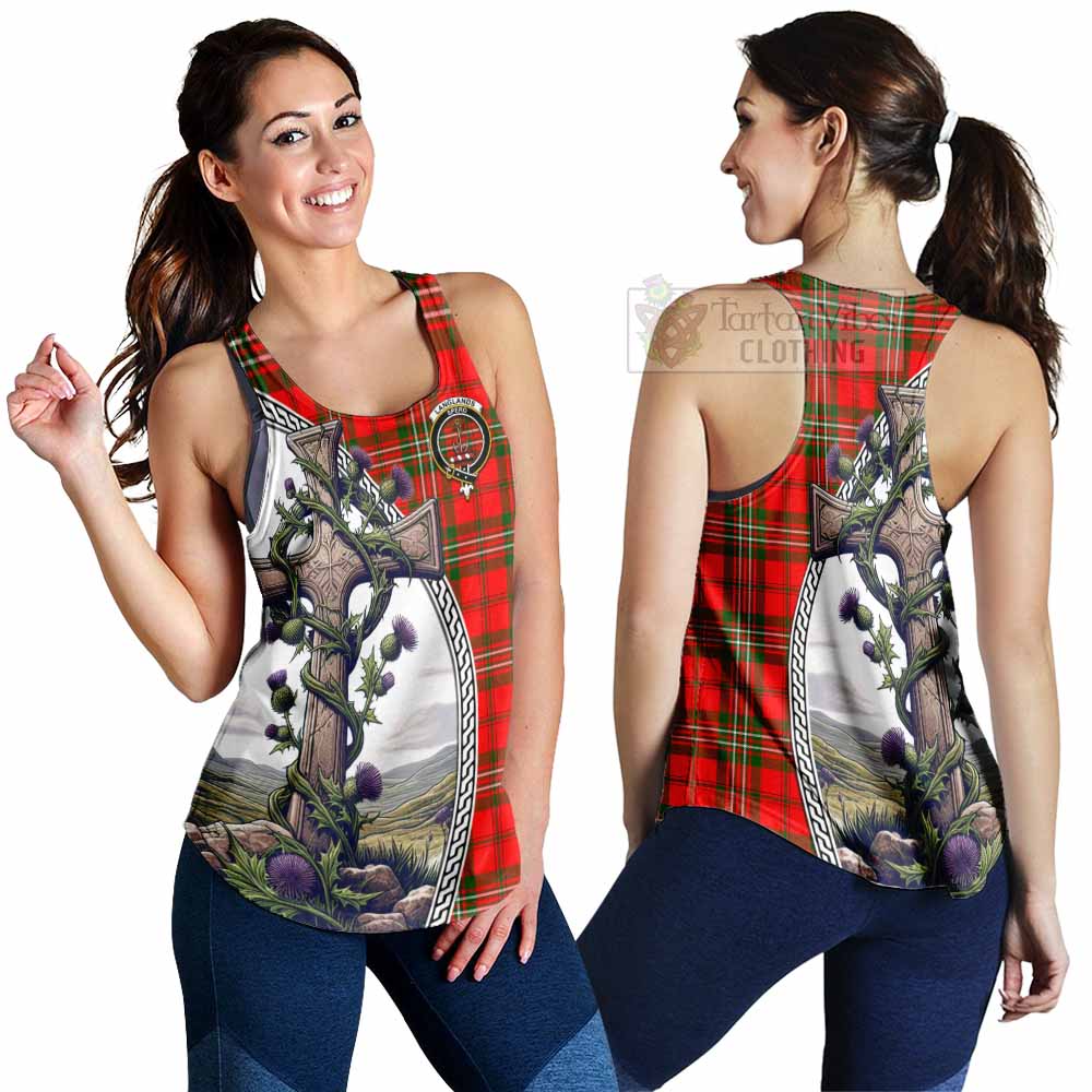 Tartan Vibes Clothing Langlands Tartan Women's Racerback Tanks with Family Crest and St. Andrew's Cross Accented by Thistle Vines