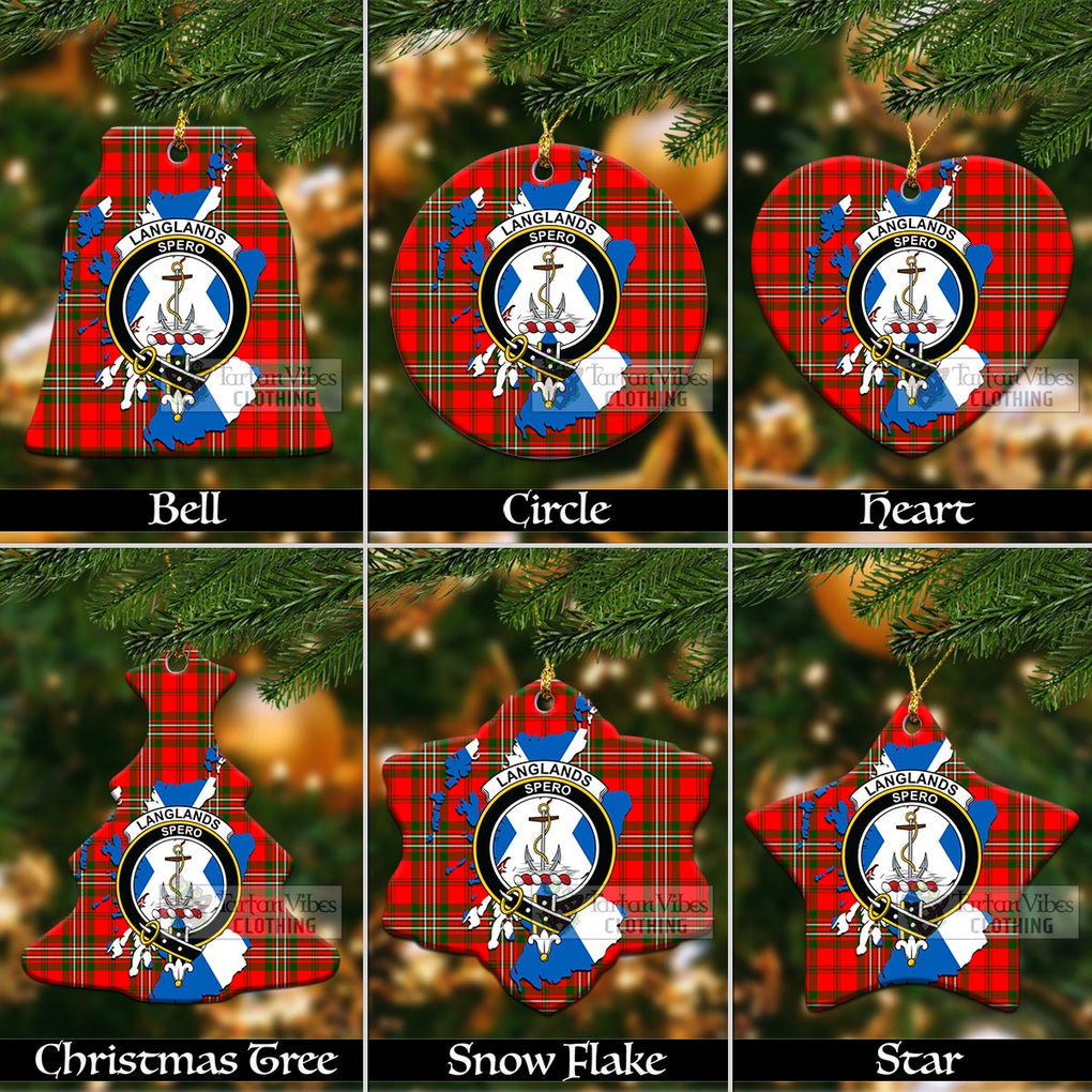 Tartan Vibes Clothing Langlands Tartan Christmas Ornament with Family Crest and Scotland Map