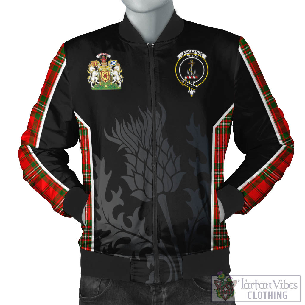 Tartan Vibes Clothing Langlands Tartan Bomber Jacket with Family Crest and Scottish Thistle Vibes Sport Style