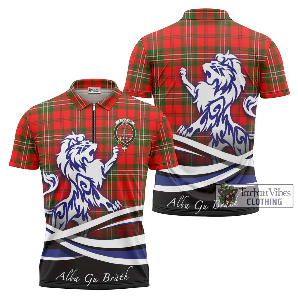 Langlands Tartan Zipper Polo Shirt with Alba Gu Brath Regal Lion Emblem Unisex - Tartanvibesclothing Shop