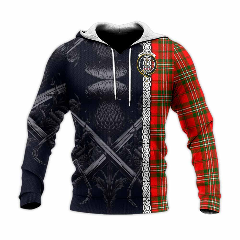 Tartan Vibes Clothing Langlands Tartan Knitted Hoodie with Family Crest Cross Sword Thistle Celtic Vibes