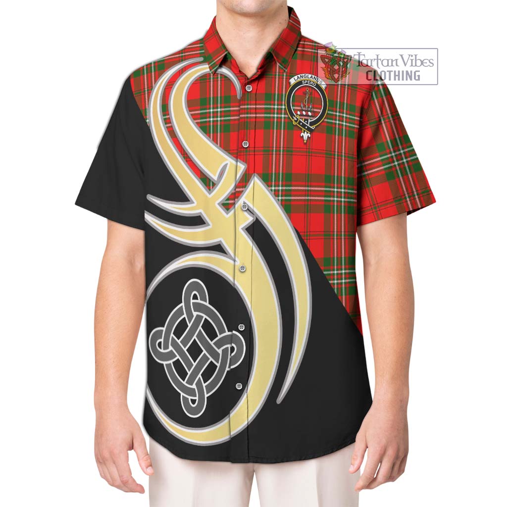 Langlands Tartan Short Sleeve Button Shirt with Family Crest and Celtic Symbol Style Kid - Tartan Vibes Clothing