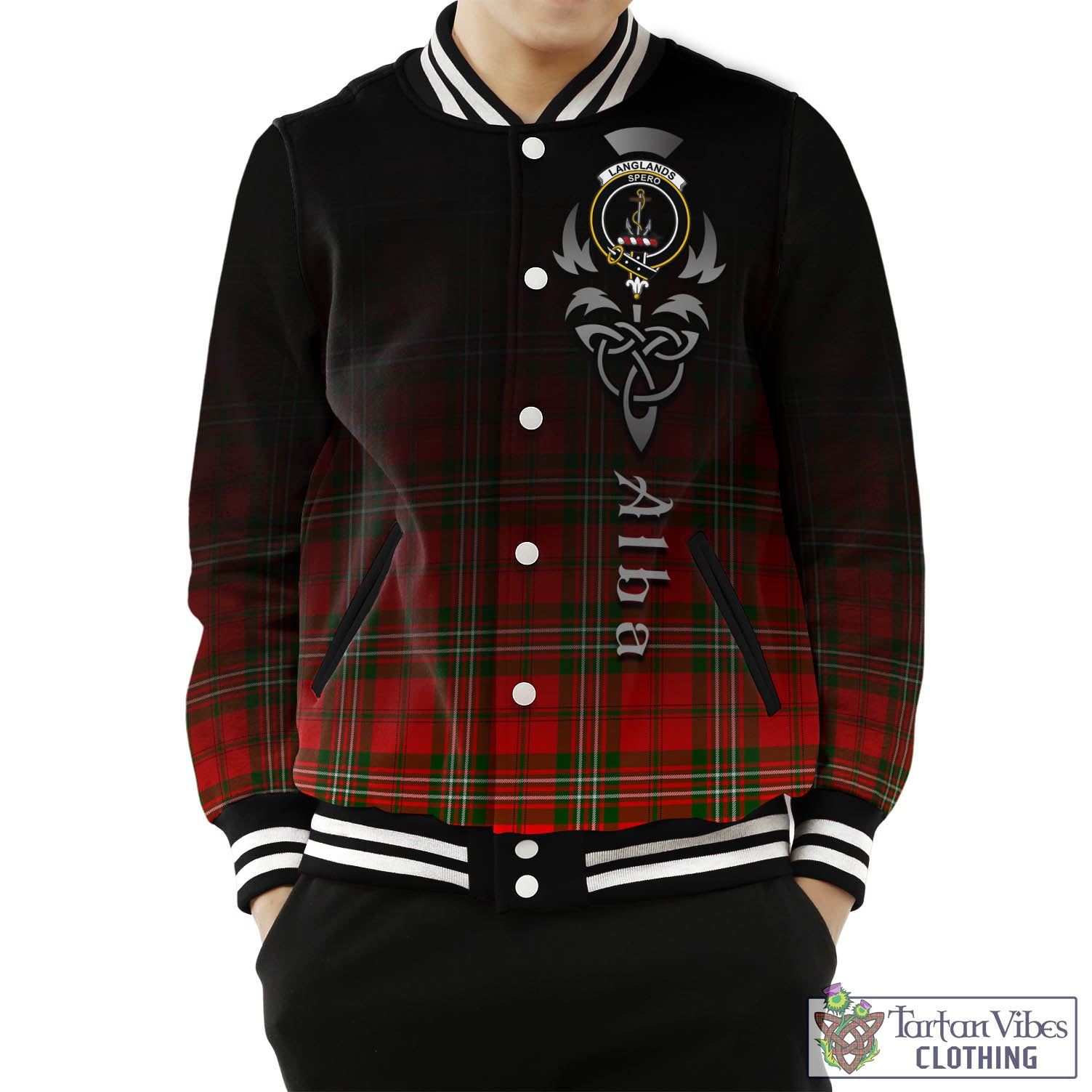 Tartan Vibes Clothing Langlands Tartan Baseball Jacket Featuring Alba Gu Brath Family Crest Celtic Inspired