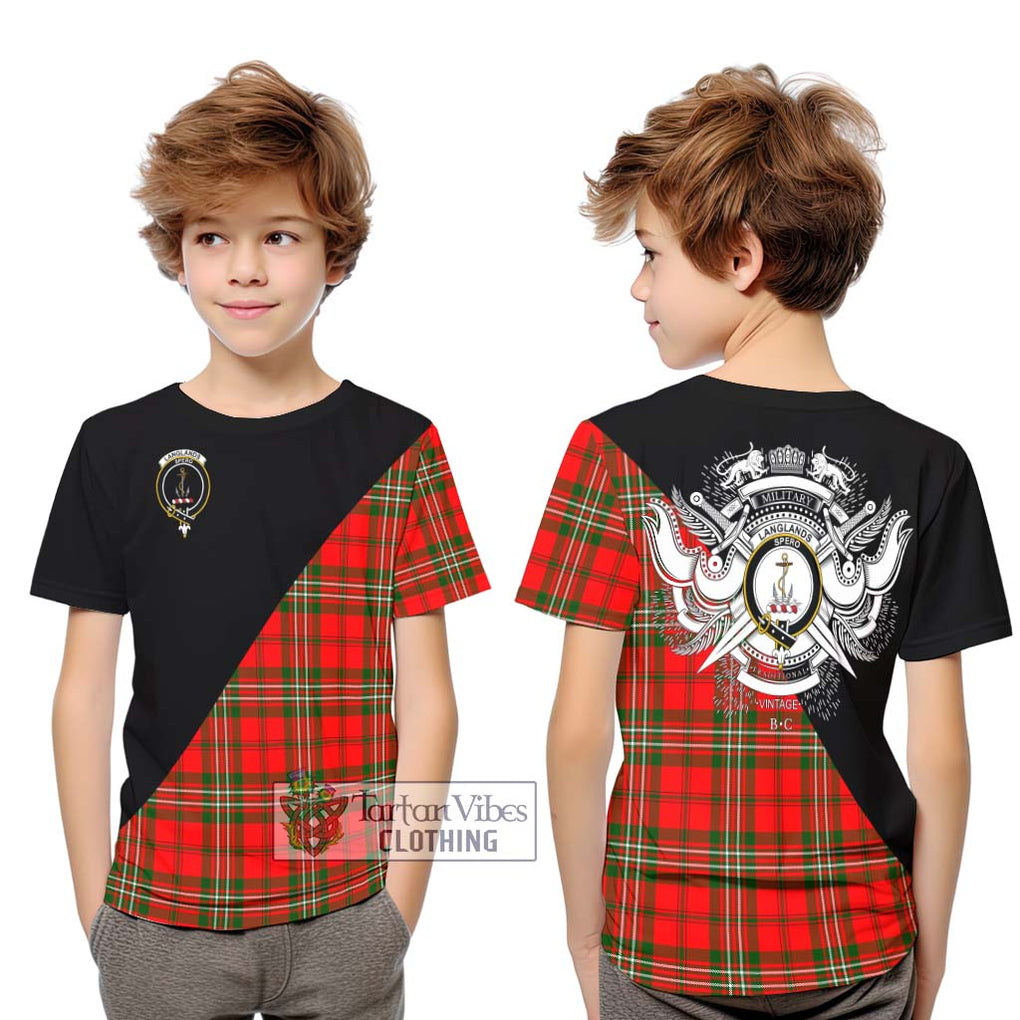 Langlands Tartan Kid T-Shirt with Family Crest and Military Logo Style Youth XL Size14 - Tartanvibesclothing Shop