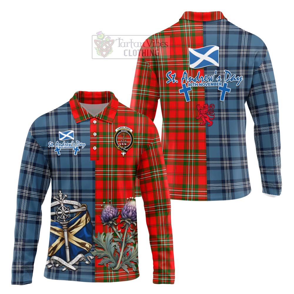 Tartan Vibes Clothing Langlands Tartan Long Sleeve Polo Shirt Happy St. Andrew's Day Half Tartan Style