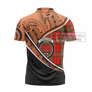 Langlands Crest Tartan Zipper Polo Shirt with Polynesian Vibes Style - Orange Version