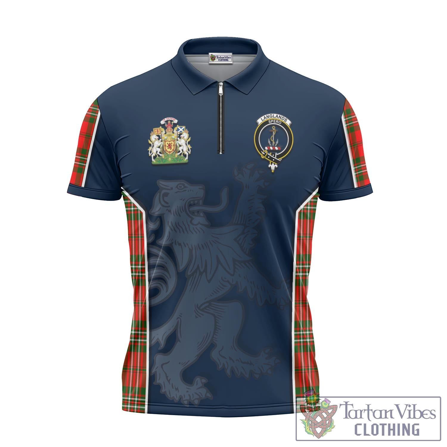 Tartan Vibes Clothing Langlands Tartan Zipper Polo Shirt with Family Crest and Lion Rampant Vibes Sport Style