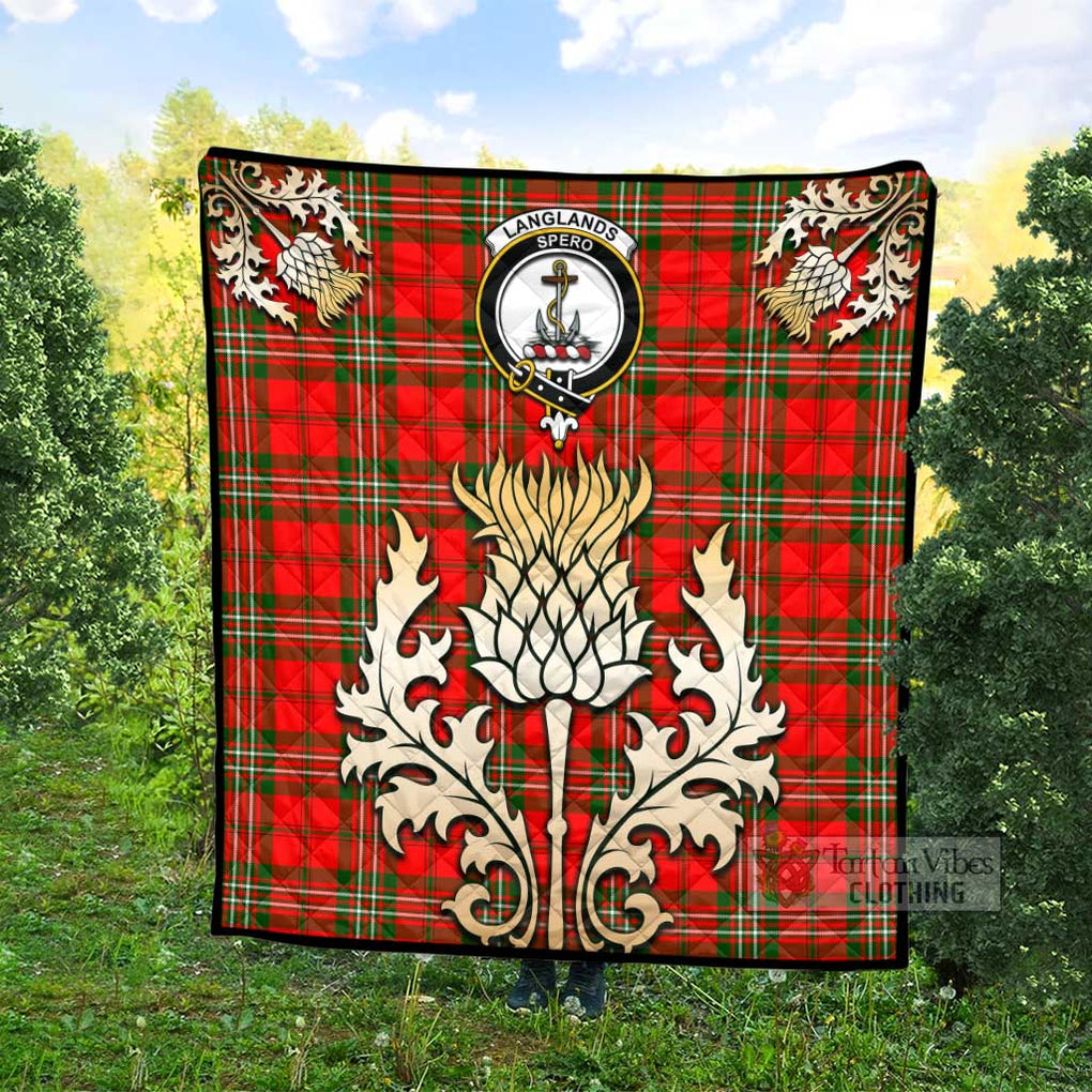 Tartan Vibes Clothing Langlands Tartan Quilt with Family Crest and Golden Thistle Style