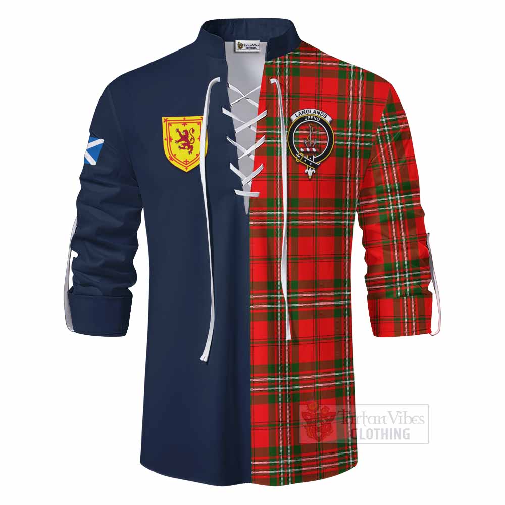 Langlands Tartan Ghillie Kilt Shirt Alba with Scottish Lion Royal Arm Half Style