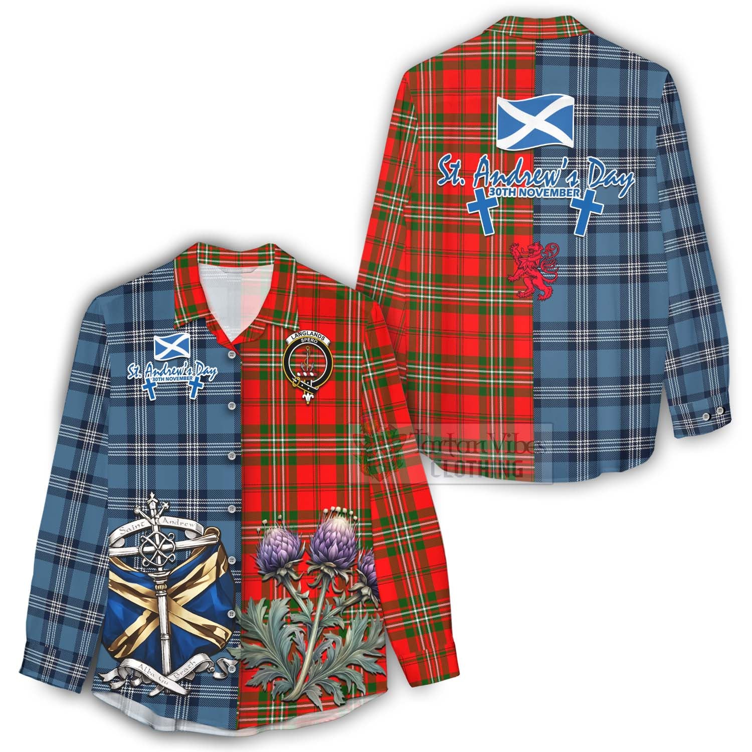 Tartan Vibes Clothing Langlands Tartan Women's Casual Shirt Happy St. Andrew's Day Half Tartan Style